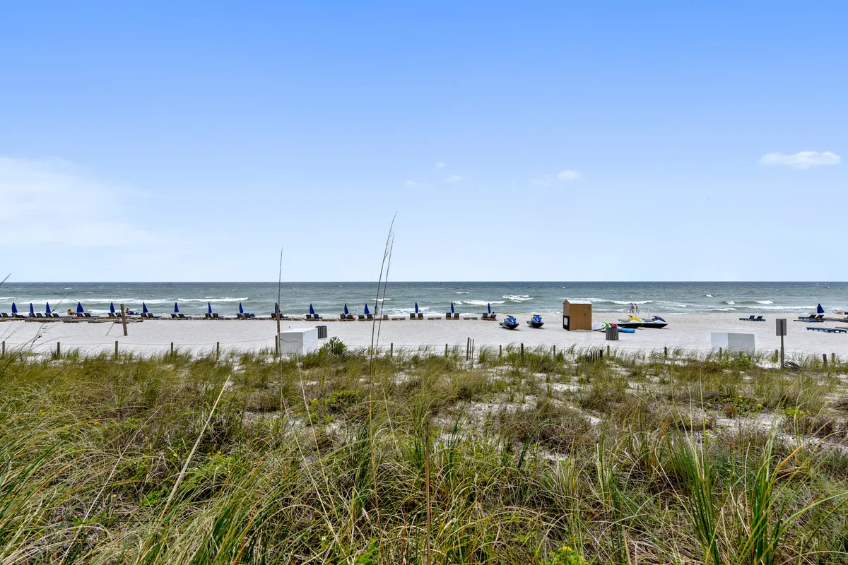 A wide view of sandy dunes and soft waves, with beach chairs set up along the shore. The calm, inviting ocean and open space suggest a perfect spot for children to build sandcastles or families to enjoy a day by the water.